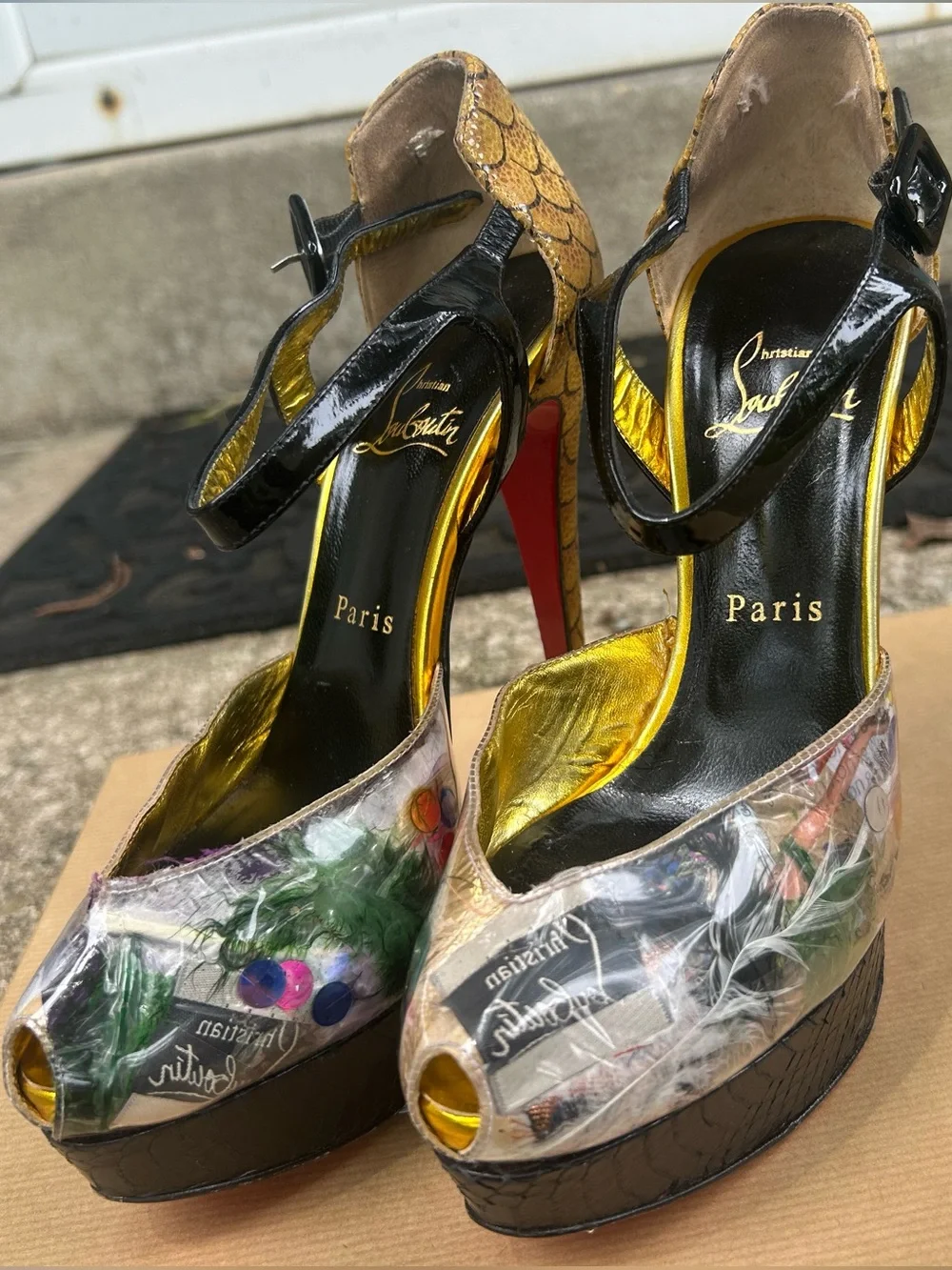 Christian Louboutin Multicolor Peep-Toe Platform Sandals with Black Ankle Straps